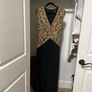 New Tadashi Shoji black floor length gown with golden embroidery